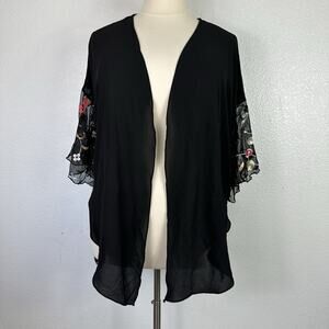Spin USA Kimono Womens 1X Black Sheer Floral Embroidered Flowy Boho Dark Cottage